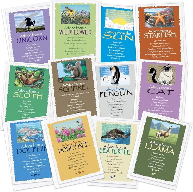 Advice From Nature Playful Spring Greeting Card Set, 12 Pack | Blank Inside Sustainable All Occasion Card Set, Printed in the USA on Replanted Cardstock