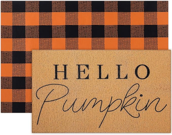 Tinideya 2 Pcs Fall Layering Door Mat Sets, Hello Pumpkin Coir Mats with Black Orange Rug for Autumn Thanksgiving Front Porch Entryway Decor