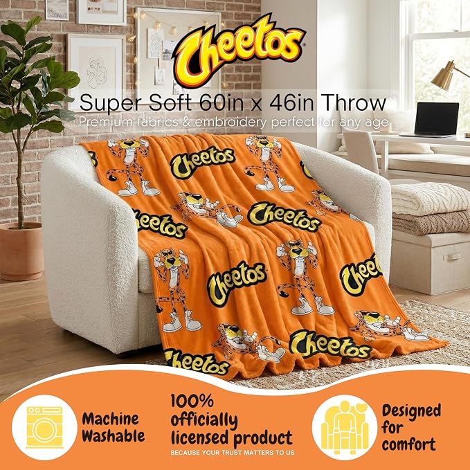Cheetos Chester Cheetah Fluffy Throw 46 in x 60 in – Soft Plush Lightweight Blanket for Couch, Bed & Travel, (Officially Licensed Product) by Franco