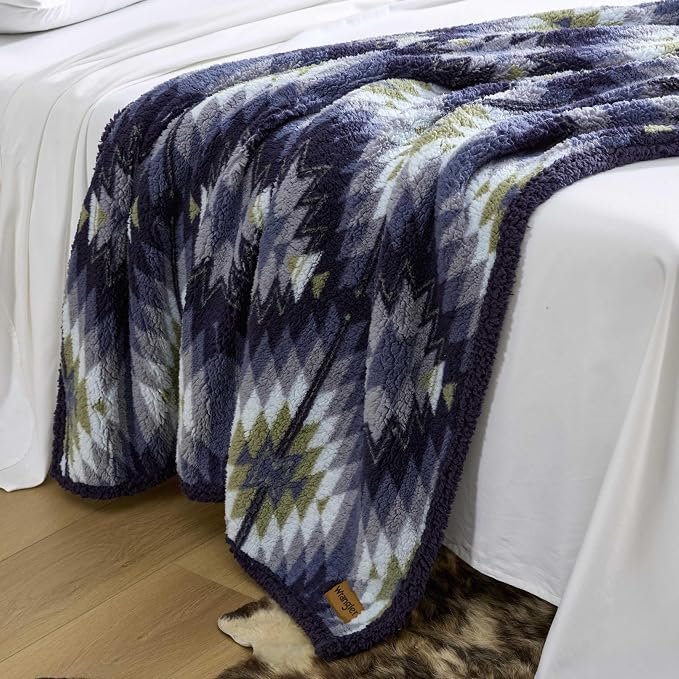 Wrangler - Reversible Throw Blanket, 50 x 60, Printed Sherpa Fleece Blanket for Bed & Couch, Cozy Decorative Throw, Dawn Aztec Blue