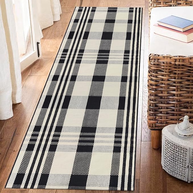 Buffalo Plaid Runner Rug Black and Off White 2x6 Hallway Runner Rug Cotton Woven Rug Farmhouse Checkered Runner Rug Washable Runners for Entryway Kitchen Laundry Room Bedroom Living Room