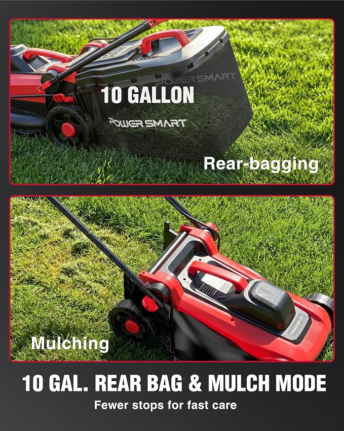 PowerSmart Corded Electric Lawn Mower, 14 Inch, 12.5 Amp, Ergonomic Design | Large Capacity Grass Catcher, Lightweight, 6-Position Height Adjustment, 2-in-1 Mulch & Bag