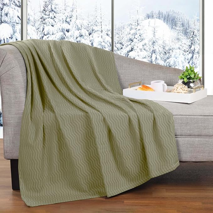 Superior JENA Cotton Blanket, for Picnic, Beach, Traveling or Camping, Bedroom Decor, Essentials, Cover for Bed, Couch, Lounging, Textured Jacquard, Modern Chevron Woven Blanket, Twin, Sage