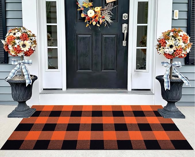 Orange and Black Outdoor Rug 24''x51''Fall Front Porch Rug Cotton Woven Washable Checkered Door Mat Outdoor for Layered Doormat Halloween Kitchen Farmhouse Entryway