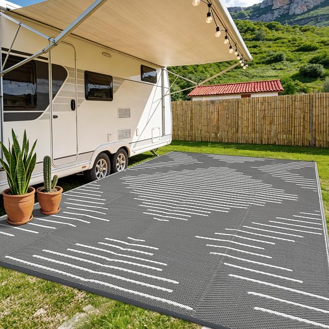 Garvee Waterproof Outdoor Area Rug 9x12 Plastic Reversible Rug for Patio Decor Easy-Cleaning Large Floor Mat for Camping RV Porch Deck Backyard Balcony Picnic Grey White