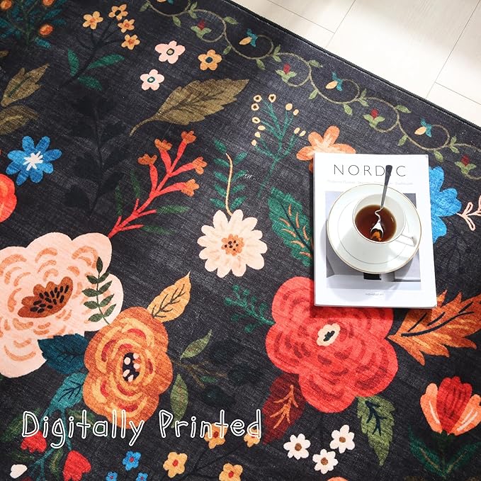 Rugcomf Bedroom Rug 3x5 Rug Washable Area Rug Non Slip Low Pile Boho Floral Small Carpet for Bedroom, Bedside, Kitchen, Entryway, Kids Room, Office, College Dorm Essentials for Girls(Black)