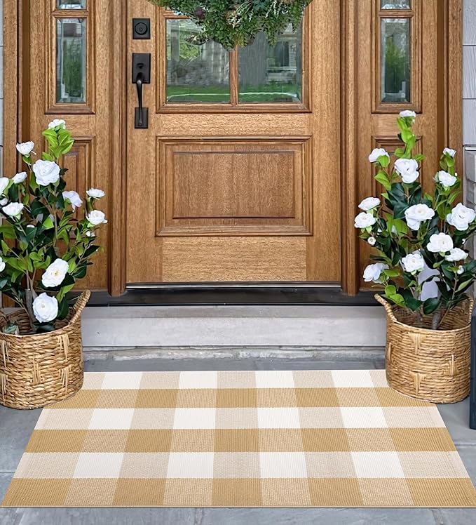 Front Door Mats Outdoor 24''X35'' Khaki and White Layered Doormat Cotton Woven Farmhouse Washable Small Area Rug for Welcome Mat/Entryway/Bedroom/Living Room