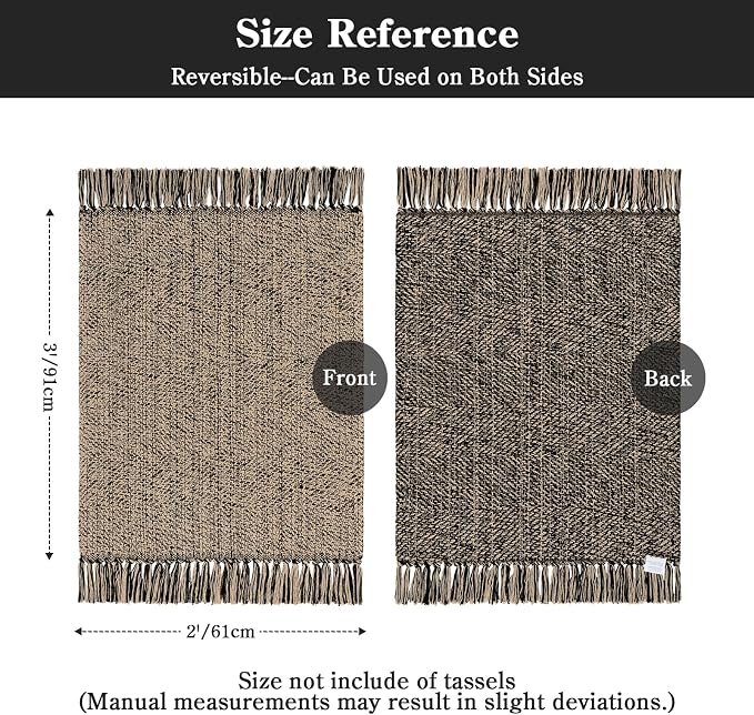 Collive Small Bathroom Rug 2' x 3', Modern Farmhouse Kitchen Rugs Hand Woven Washable Entryway Rugs, Natural/Black Boho Low Profile Front Door Mat Braided Carpet for Back Porch Bedroom Decor