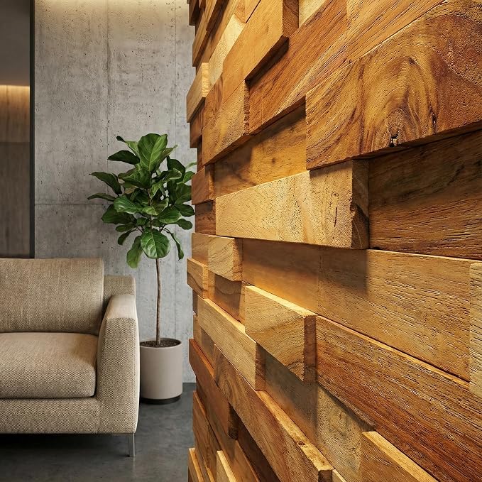 EZ-Wall 3D Mosaic Tile in Solid Teak Wood, 1 Sample Tile, Natural Finish Tile