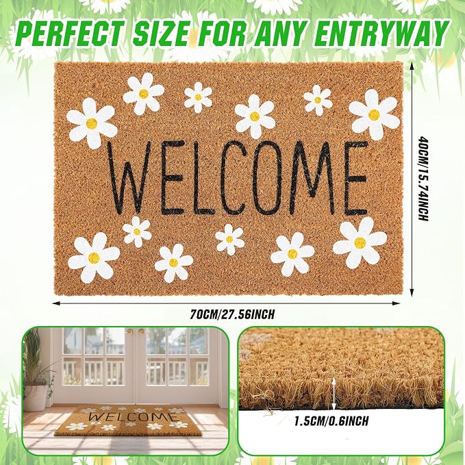 Ceenna Spring Daisy Welcome Doormat Outdoor Spring Flower Coir Door mat with Non Slip Backing White Daisy Flower Front Door Mat Front Porch Rugs for Home Entrance, 16 x 28 Inches