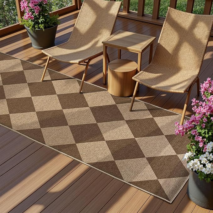 EDIMENS 2x6 Checkered Easy Jute Washable Kitchen Indoor Outdoor Runner Rug | Non Slip Front Door Runner Rug for Laundry Balcony Low Pile Rugs Brown Checkerboard Carpet for Hallway 6ft Entry