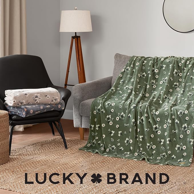 Lucky Brand Cozy Plush Blanket - Premium Microfiber Throw for Luxurious Comfort and Style, 50" x 70", Daisy Beige Floral