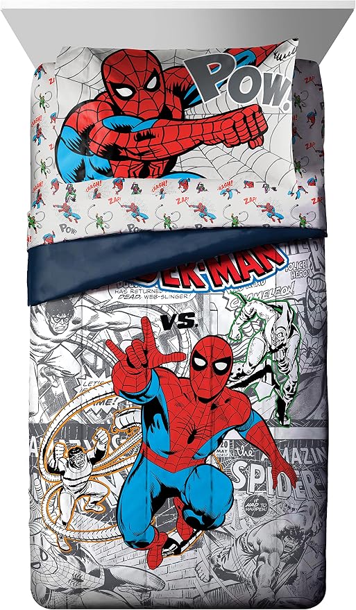Marvel Spiderman Full Comforter Set 7 Piece Bedding for Boys, Grey | Bed in a Bag, Comforter Sheets Shams Pillowcases, Official Product, Soft Microfiber, Machine Washable Easy Care, Boys Gift