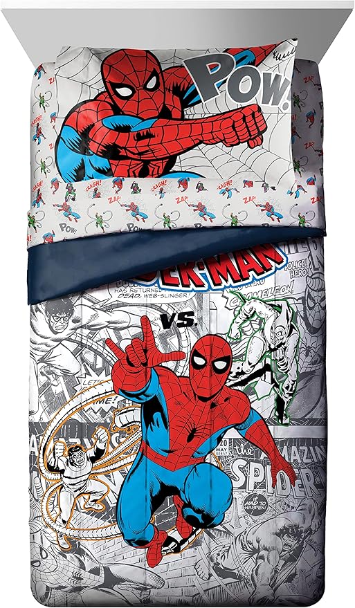 Marvel Spiderman Twin Comforter Set 5 Piece Bedding for Boys, Grey | Bed in a Bag, Comforter Sheets Sham Pillowcase, Official Product, Soft Microfiber, Machine Washable, Easy Care, Boys Gift