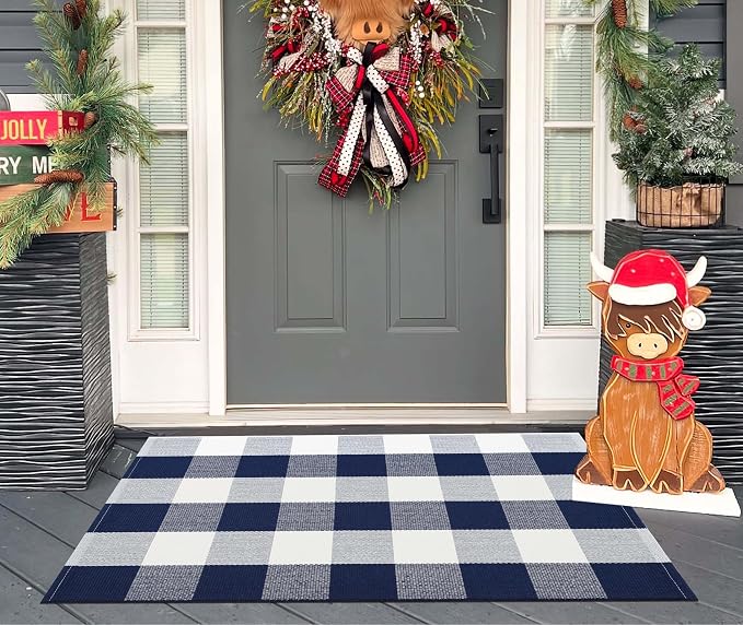 Front Door Mat Outdoor 24''x35''Blue and White Buffalo Plaid Area Rug Machine Washable Cotton Woven Layering Doomat for Hello/Welcome Mat Porch，Kitchen,Farmhouse,Entryway,Bedroom