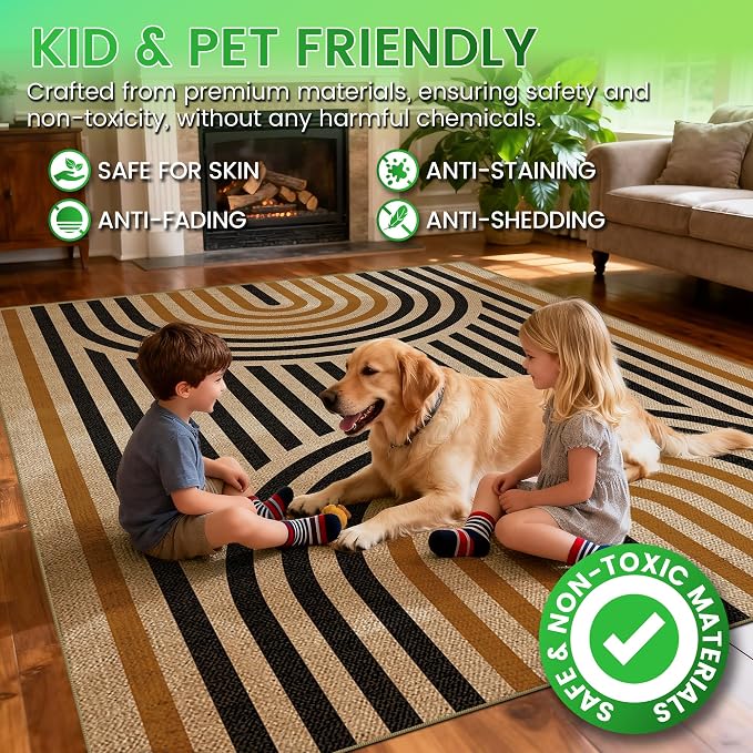 Washable Rainbow Easy Jute Rug 3x5, Outdoor Indoor Patio Modern Geometric Neutral Small Rugs, Woven Non Slip Thin Carpet Mat for Living Bedroom Entryway Front Door Farmhouse Doorway Ki