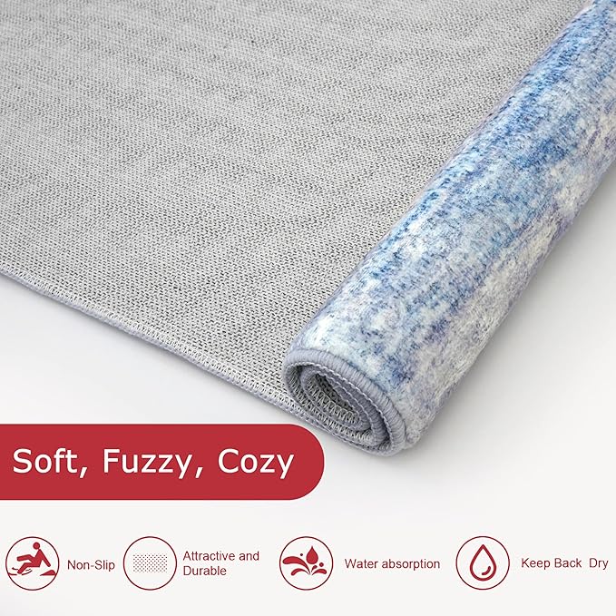 KOZYFLY Modern Abstract Hallway Runner Rug, 2.6x8 Washable Rug Runner Non-Slip Soft Striped Kitchen Runner Rugs, Print Blue/Grey/Beige Carpet Runner for Entryway Bathroom Laundry Room Foyer