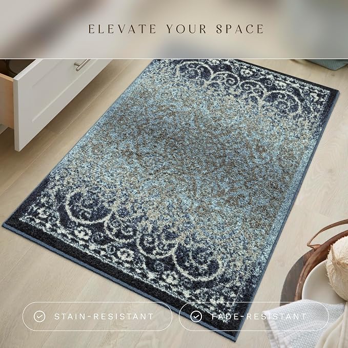 Maples Rugs Pelham Vintage Medallion Area Rugs - Made in USA - Washable, Non-Slip, Low Profile Indoor Rug for Entryway, Foyer, Kitchen, and Bathroom, 2'6 x 3'10, Navy/Grey