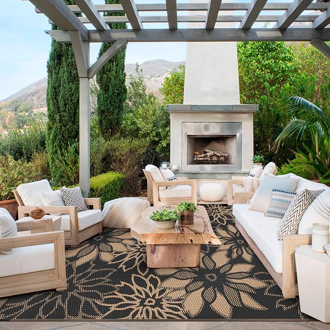 GENIMO Outdoor Rug, Waterproof Plastic Rugs for Patio, 8'x10' Onyx Brown | Outside Larger Leaf Carpet Mat for Porch Decor, Deck, Balcony, Camping, RV, Backyard, Picnic, Beach, Reversible, Foldable