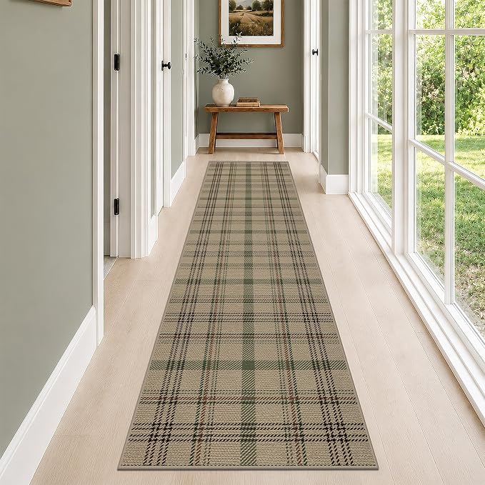 JTJ Easy Jute Kitchen Runner Rug 2'6" x 10', Washable Non Slip Indoor Outdoor Low Pile Rug for Hallway, Entryway & Laundry Room, Farmhouse Plaid Design