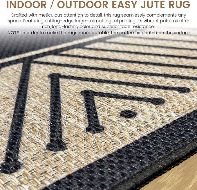 Washable Modern Easy Jute Rug 5x7, Striped Geometric Outdoor Indoor Patio Farmhouse Large Bordered Rugs, Woven Non Slip Thin Carpet Mat for Living Dining Room Bedroom Classroom Kids Nursery