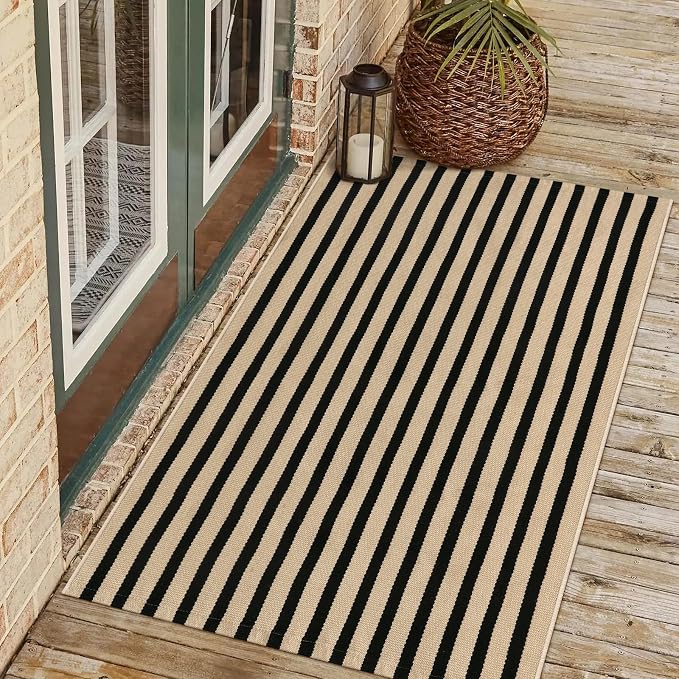 LEEVAN 3'X5' Black and Tan Striped Woven Cotton Reversible Outdoor Rug | Small Machine Washable Front Porch Rug, Entryway Door Mat, Indoor Layering Carpet for Farmhouse Bathroom Laundry