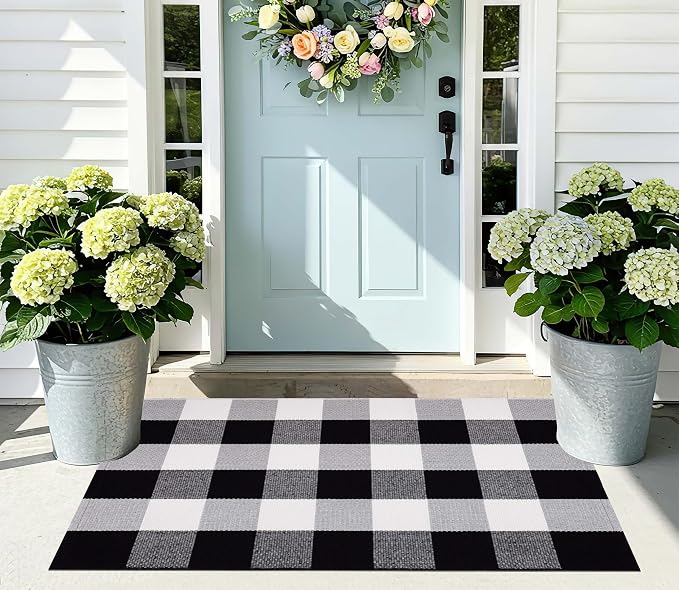 Buffalo Plaid Door Mats Outdoor 24''X35'' Black and White Layered Doormat Cotton Woven Washable Halloween Porch Mat for Welcome Door Mat Entryway Bedroom Living Room