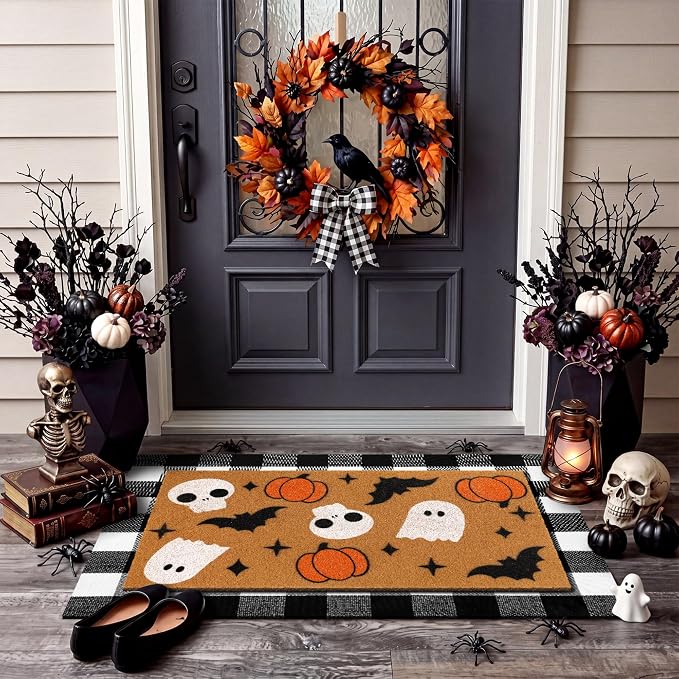 Tinideya 2 Pcs Halloween Door Mat Ghost Skull Pumpkin Bat Welcome Non Slip Coir Mats Fall Floor Layering Doormats for Front Porch Entryway Decor(Cute Ghost)