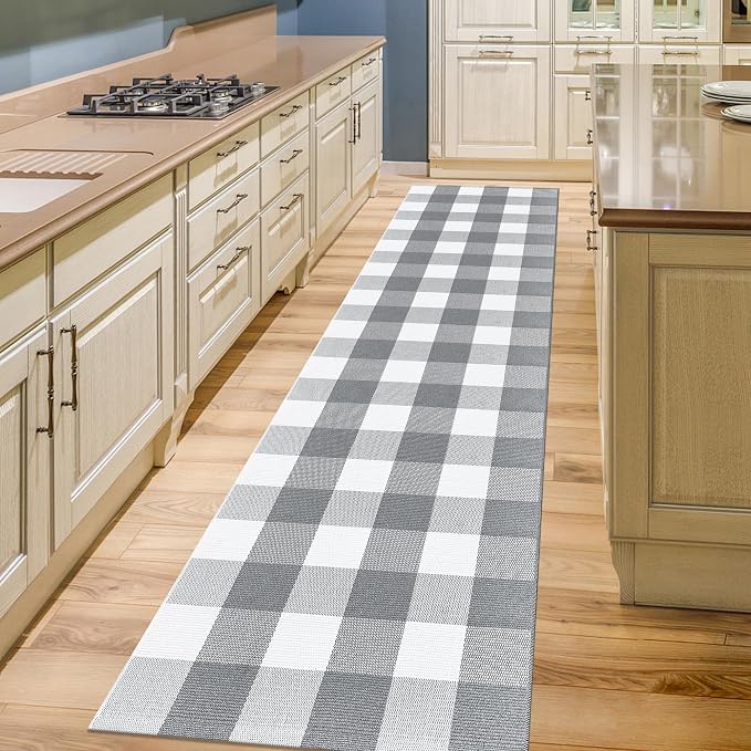 Buffalo Plaid Runner Rug 2x8 Feet Grey and White Checkered Rug Farmhouse Hallway Runners Cotton Woven Washable Carpet for Entryway Kitchen Laundry Bedroom Living Room