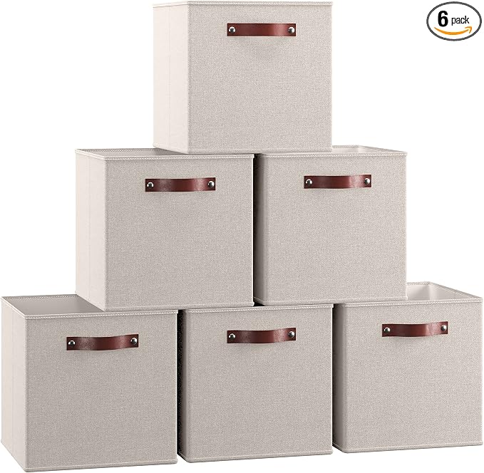Ornavo Home 11x11 Foldable Fabric Storage Cube Bins, 6 Pack, Beige | Collapsible Linen Shelf Basket Organizer; Leather Handles; Ideal Cube Storage For Closet
