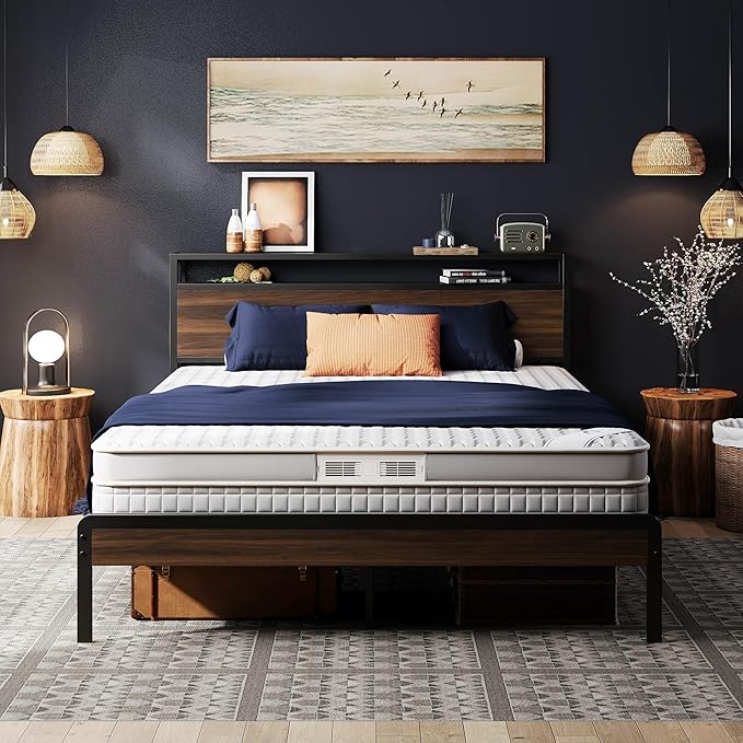 LIKIMIO Queen Bed Frame with 2-Tier Storage Shelf Headboard | Dark Wood Platform Bed, Camas Queen with Strong Metal Supports, Sturdy, Noise-Free, No Box Spring Needed, Dark Walnut