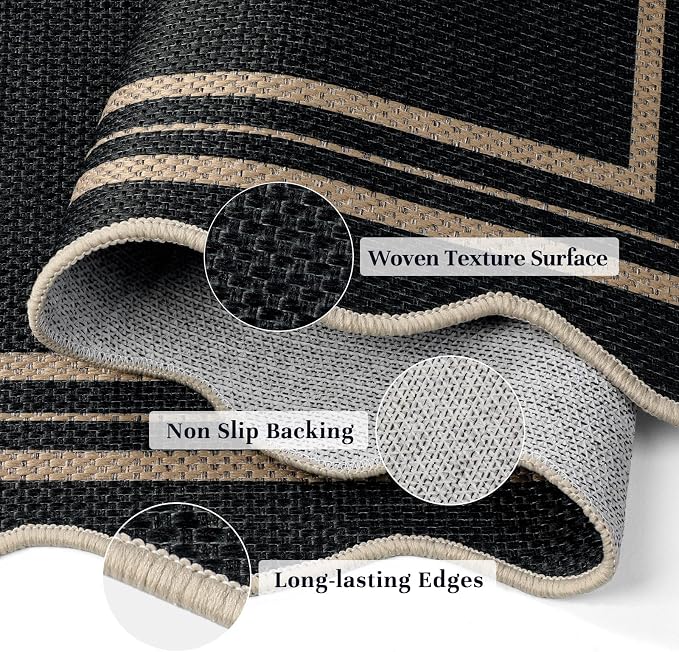 EDIMENS 2.6x4 Front Door Mat Easy Jute Scalloped Outdoor Small Entryway Rug | Non-Slip Washable Area Rug Low Pile Geometric Black Doormat Indoor Outdoor Farmhouse for Entrance Entry Front Porch Doorway