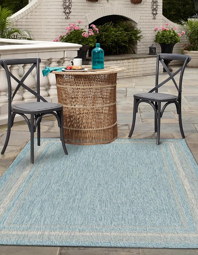 Unique Loom Outdoor Border Collection Area Rug - Soft Border (7' 1" x 10' Rectangle, Aquamarine/ Ivory)