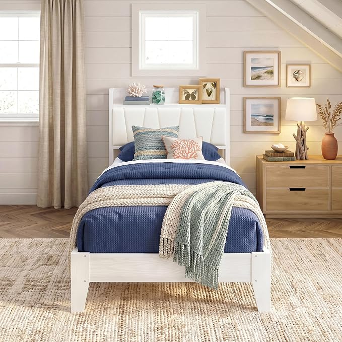 LIKIMIO Twin XL Bed Frames, PU Leather Storage Headboard with Charging Station, Solid and Stable, Noise Free, No Box Spring Needed, Easy Assembly, White