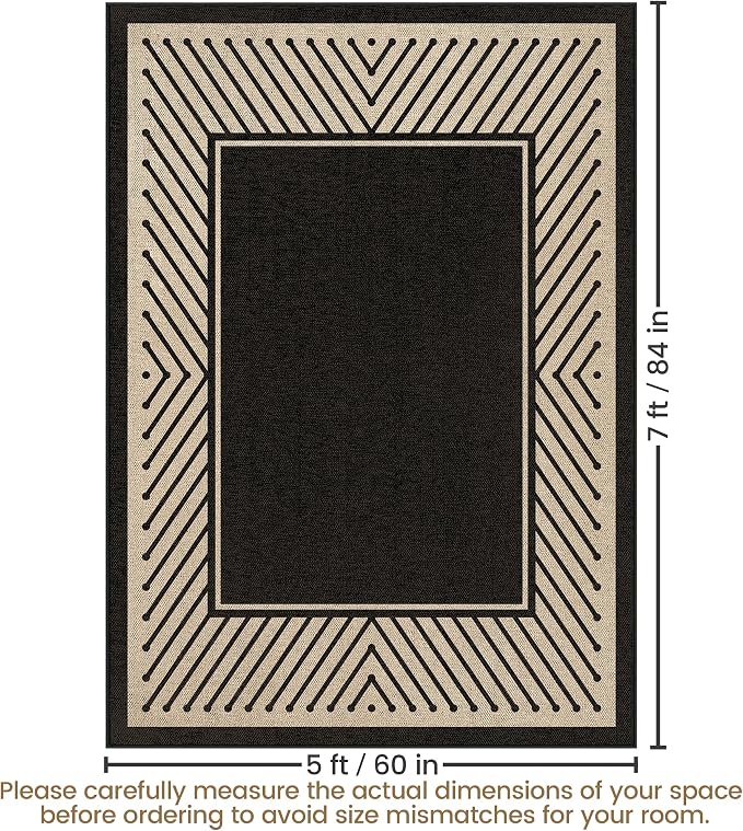 Washable Modern Easy Jute Rug 5x7, Striped Geometric Outdoor Indoor Patio Farmhouse Large Bordered Rugs, Woven Non Slip Thin Carpet Mat for Living Dining Room Bedroom Classroom Kids Nursery