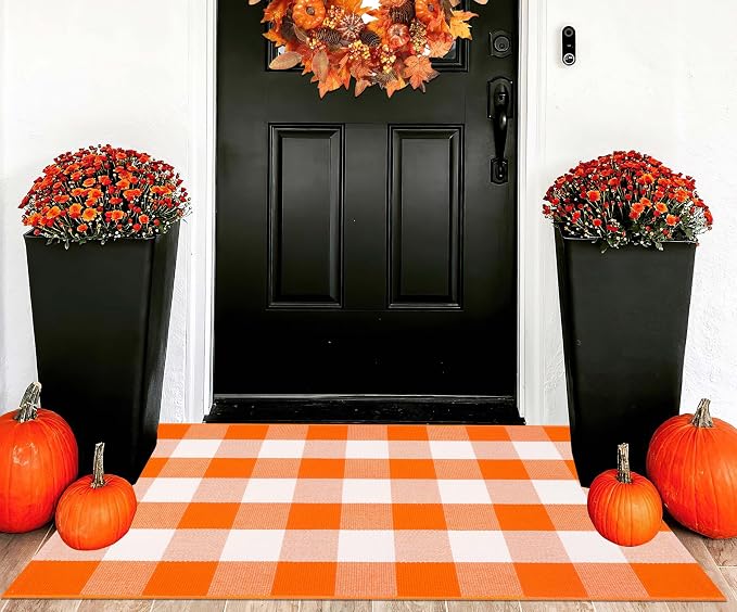 Fall Layered Doormat 27.5 x 43 inch,Orange and White Plaid Rug Cotton Woven Washable Front Door Mat Outdoor Checkered Area Rug for Porch,Entryway,Farmhouse,Halloween,Indoor,Outdoor