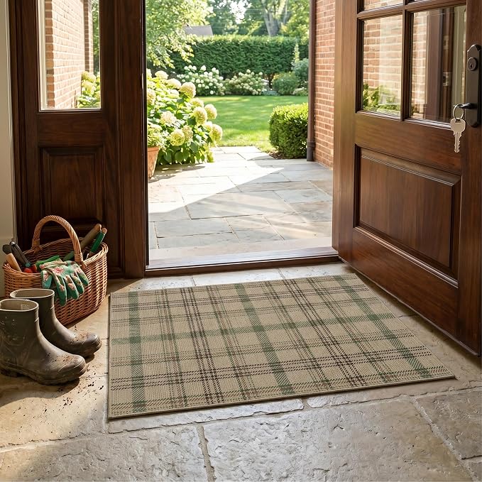 Easy Jute Entryway Rug 2x3, Washable Non Slip Front Door Mat, Indoor Outdoor Farmhouse Plaid Area Rug for Kitchen, Mudroom, Garage Entry, Low Profile Sage Green Beige Tartan
