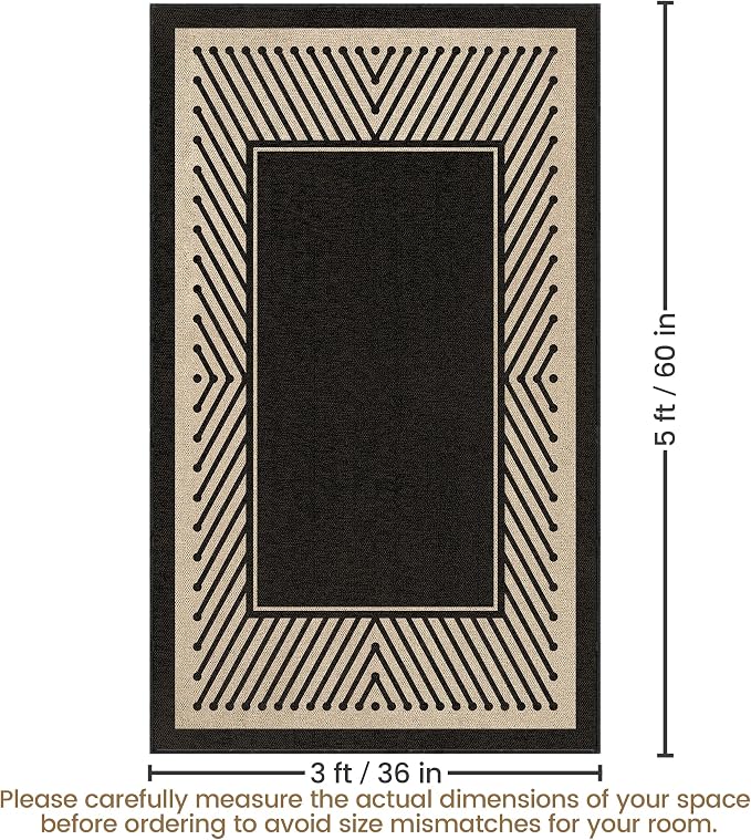 Washable Modern Easy Jute Rug 3x5, Black Outdoor Indoor Patio Striped Neutral Small Bordered Rugs, Woven Non Slip Thin Carpet Mat for Living Bedroom Entryway Front Door Farmhouse Doorway Kids