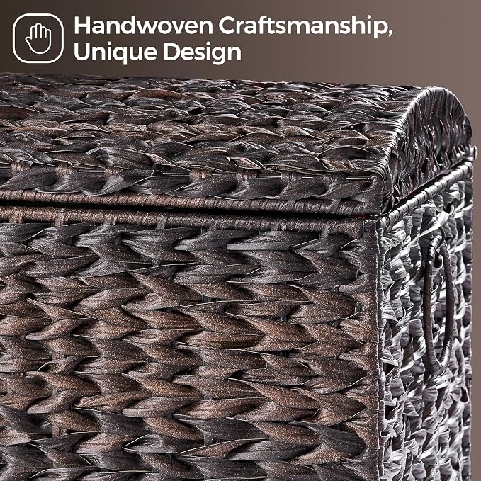 178L Handwoven Wicker Storage Basket with Lid, Large Storage Trunk | Leather Buckle Closure; Waterproof PP Wicker; Large Metal Ring Handles; Reinforced Steel Frame