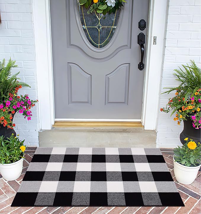 Black and White Layered Doormat 24''x35''Buffalo Plaid Checkered Rug Cotton Machine Washable Mat for Front Porch, Kitchen, Farmhouse, Entryway,Bathroom