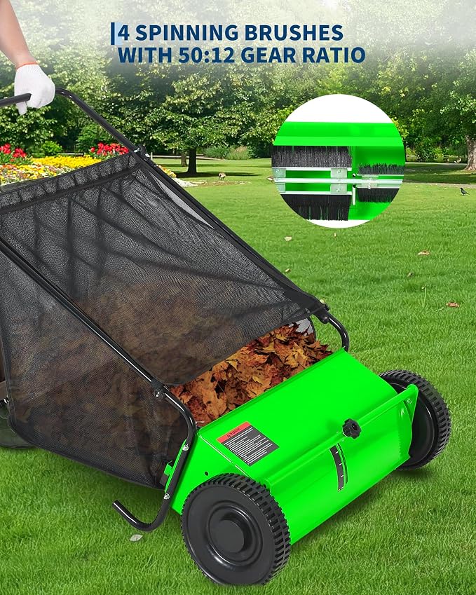 26 Inch Push Lawn Sweeper, 7 Cu.ft Large Capacity Leaf Collector with 4 Spinning Brushes, Adjustable Height Heavy Duty Steel Frame Lawn Sweeper with Rubber Wheels for Yard Garden Grass Leaves Debris