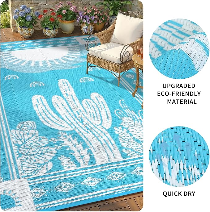 Garvee Waterproof Outdoor Rug 5x8, Cactus Botanical Outdoor Plastic Straw Rug for Camping, Reversible RV Mat Outside, Indoor Outdoor Carpet for Porch, Deck, Backyard, Balcony, Teal Blue