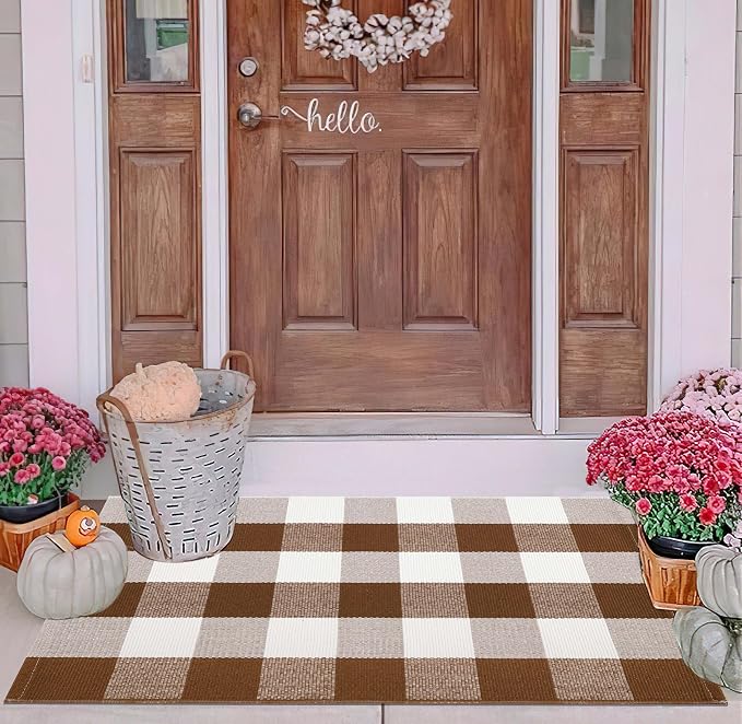 Fall Outdoor Rug 2'x3',Coffee and White Checkered Area Rug Halloween Cotton Washable Layered Doormat for Hello Welcome Front Porch Door Mats Bedroom Living Room