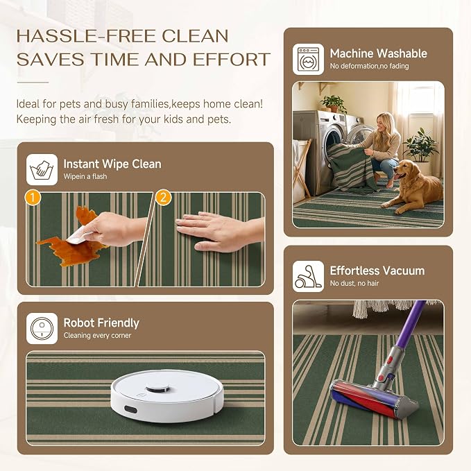 PureCozy Striped Easy Jute Rug 8x10 Green Living Room Carpet Washable Non Slip Bedroom Office Rug Farmhouse Neutral Non Shedding Indoor Outdoor Large Carpet for Kitchen Dining Room