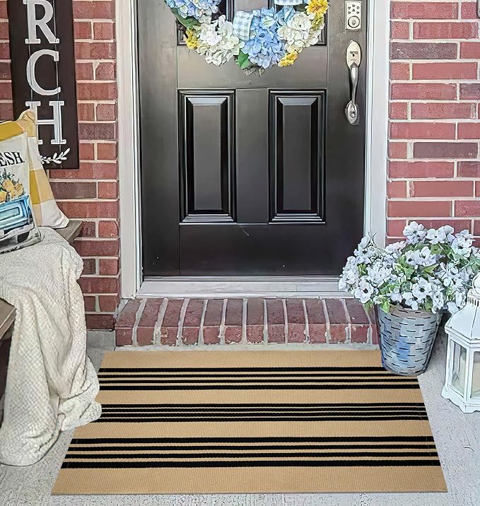 Front Outdoor Door Mat 2'x3',Khaki and Tan Striped Outdoor Rug Machine Washable Cotton Layered Door Mat Entryway Throw Rug for Indoor Entrance