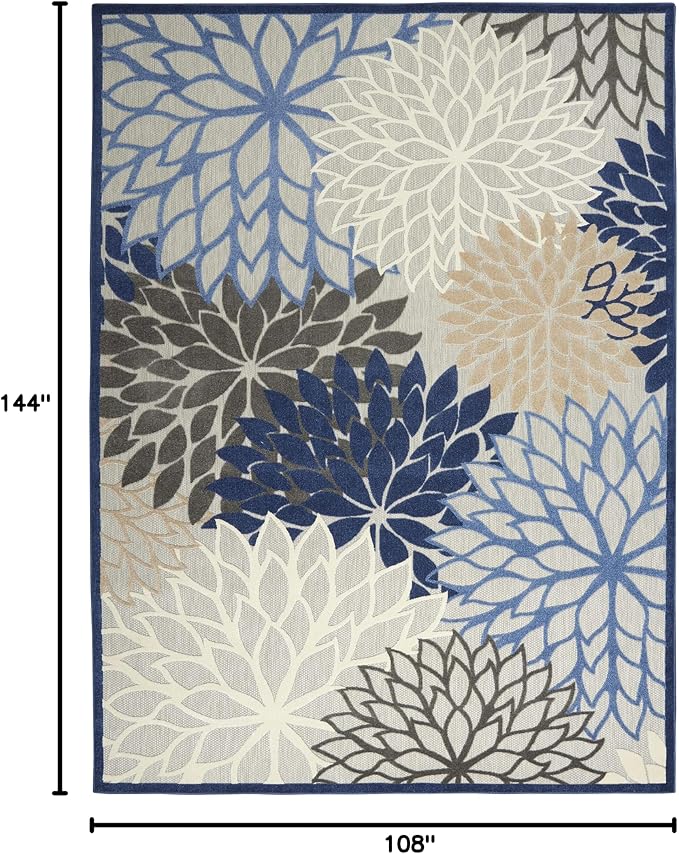 Nourison Home Aloha Indoor/Outdoor Blue/Multicolor 9' x 12' Area Rug, Tropical, Botanical, Easy Cleaning, Non Shedding, Bed Room, Living Room, Dining Room, Deck, Backyard, Patio (9x12)