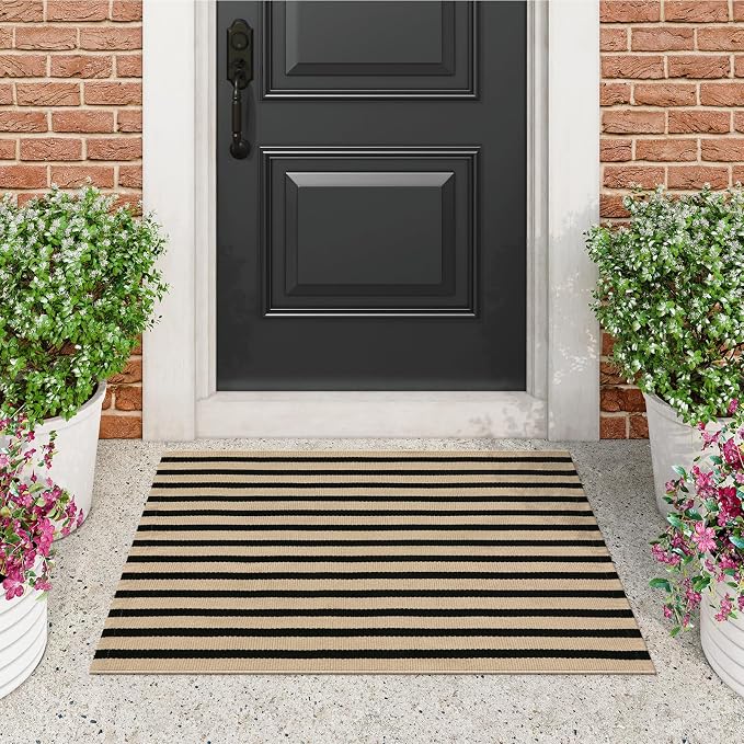 LEEVAN Black and Tan Striped Outdoor Rug, 2 x 3 Small Cotton Front Porch Rug Washable Front Door Mat Outside Entrance, Woven Reversible Welcome Mat Modern Outdoor Entry Layering Rug for Bathroom