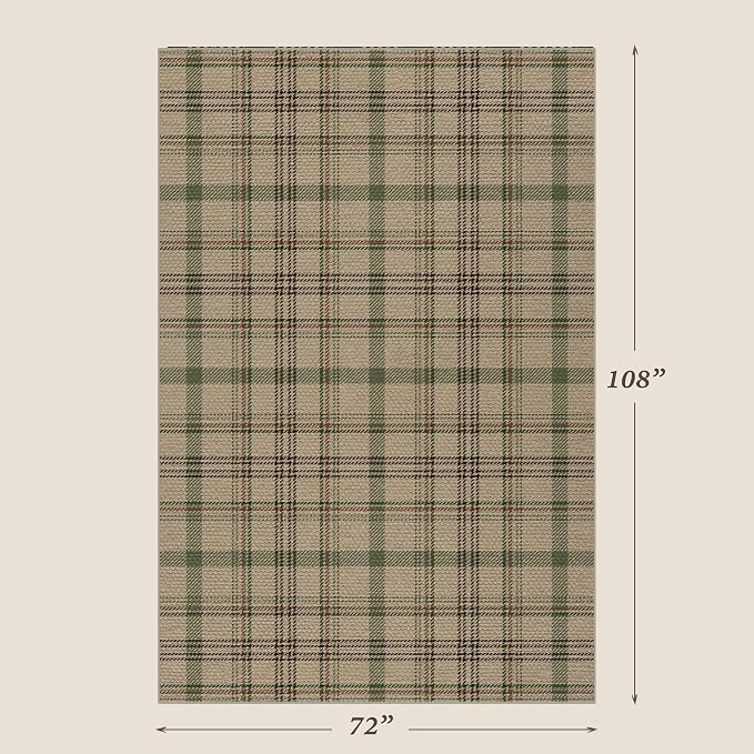 JTJ Easy Jute Green Plaid Rug 6x9 for Living Room, Washable Modern Farmhouse Area Rugs for Bedroom Aesthetic, Dining Room, Patio, Sage Tan Woven Tartan Design, Non Skid, Easy Clean Viral Jute No Shed