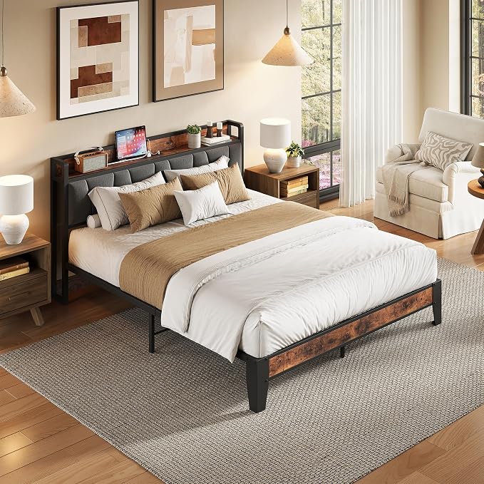 LIKIMIO Queen Bed Frame, Storage Headboard with Charging Station, Solid and Stable, Noise Free, No Box Spring Needed, Easy Assembly