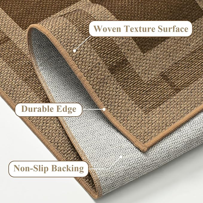 Vasofe 2x6 Jute Checkered Rugs, Outdoor Runner, Runner Rug for Hallway | Washable Patio Porch Balcony Runners Indoor Bedroom Kitchen Laundry Mat, Non Slip Plaid Farmhouse Carpet, Nature and Brown